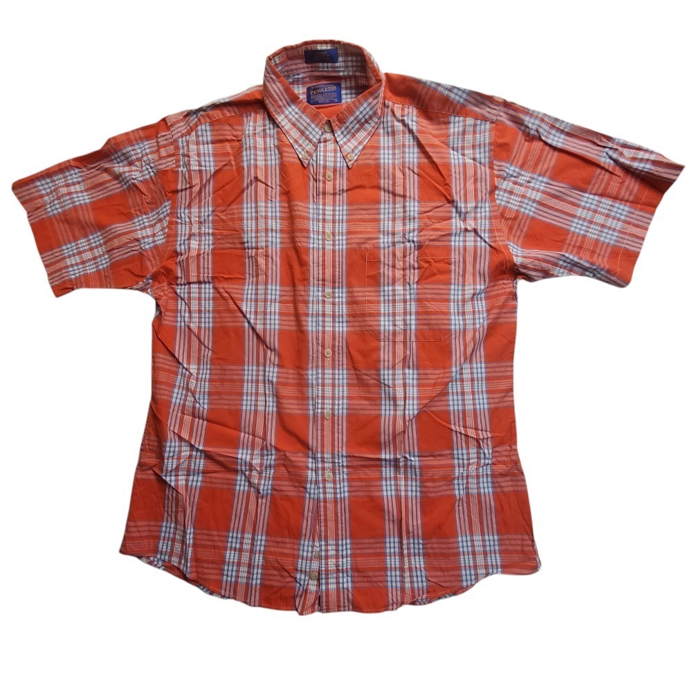 Pendleton Cotton Plaid Button Down Short Sleeve Casual Shirt Orange Mens Large